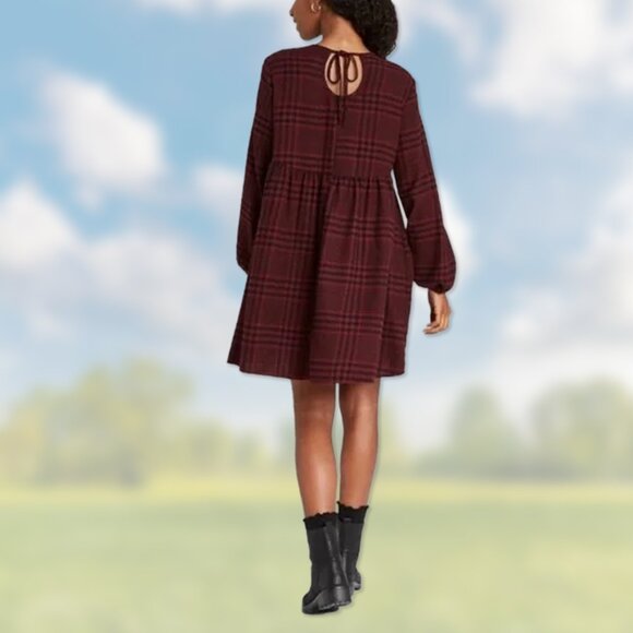 NWT Burgundy & Black Plaid Flannel Baby Doll Dress - Womens Juniors Size XS - Picture 3 of 4